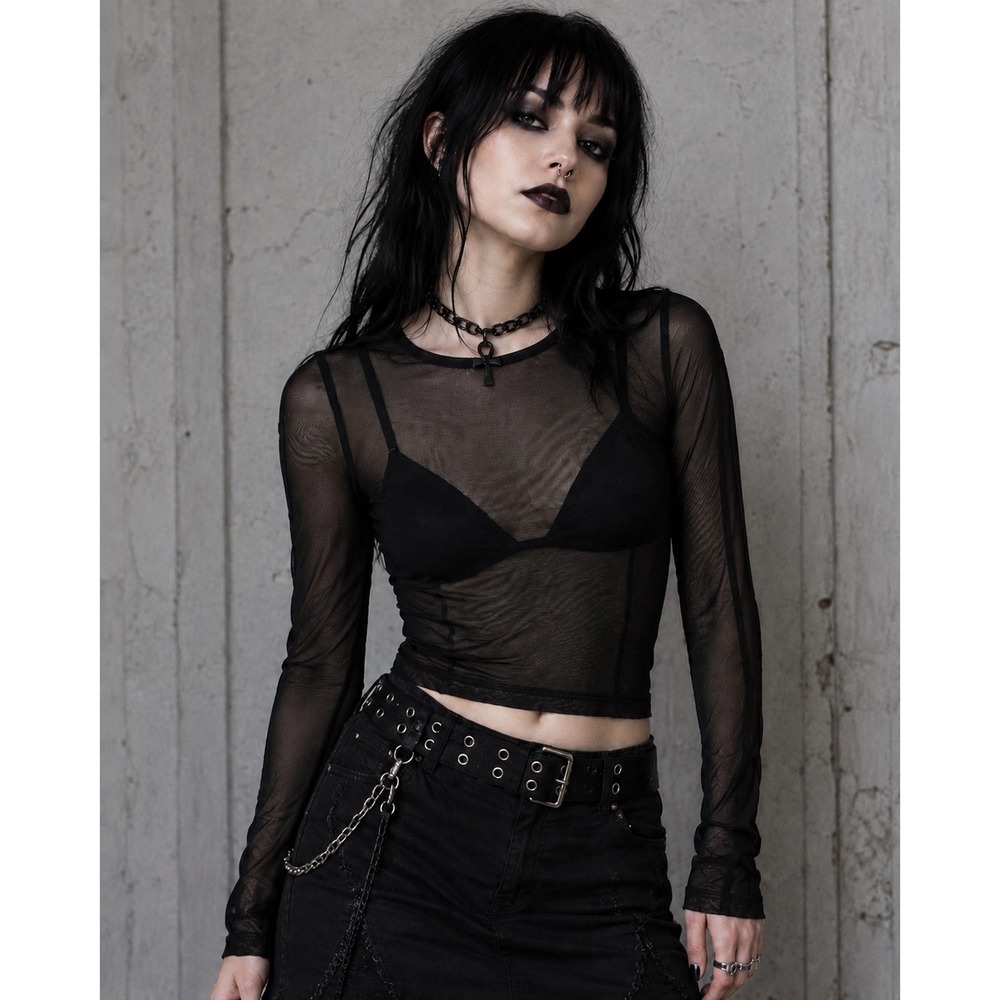 Sheer Long-Sleeve Crop Top - Black